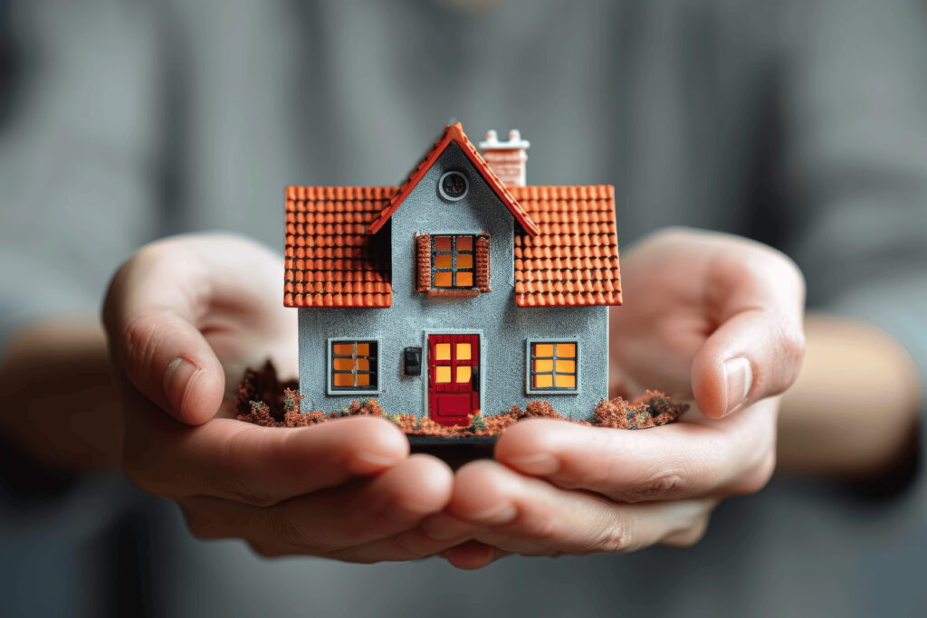 Des mains tiennent une maison miniature.