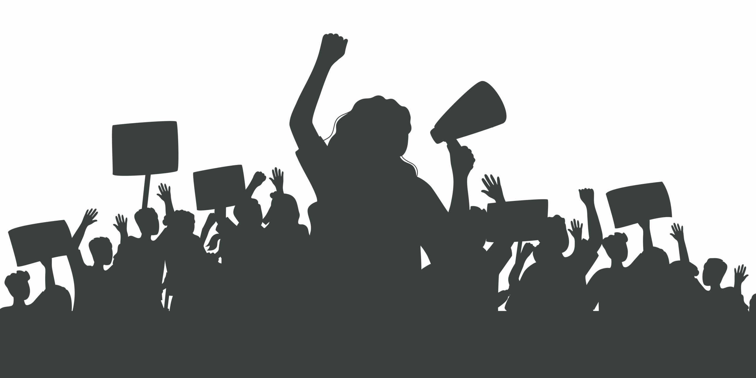 Silhouette of protesting crowd of people with raised hands and banners. Woman with loudspeaker. Peaceful protest for human rights. Demonstration, rally, ...