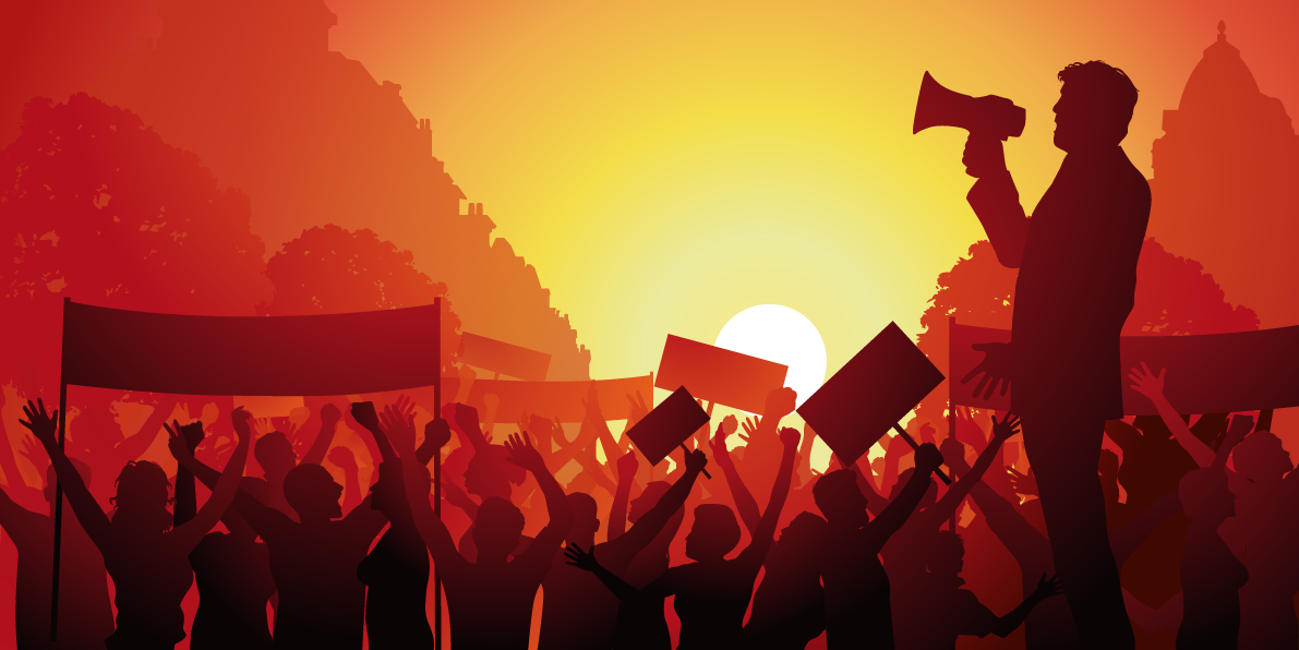 Une foule de personne manifeste, dans les tons rouges, une silhouette d'homme au premier plan avec un mégaphone