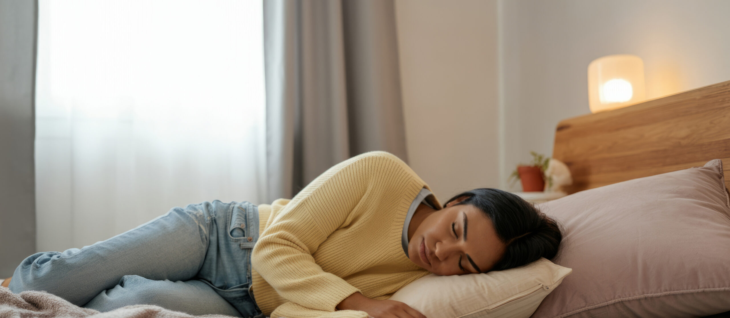 Young hispanic female resting on bed in cozy bedroom interior.