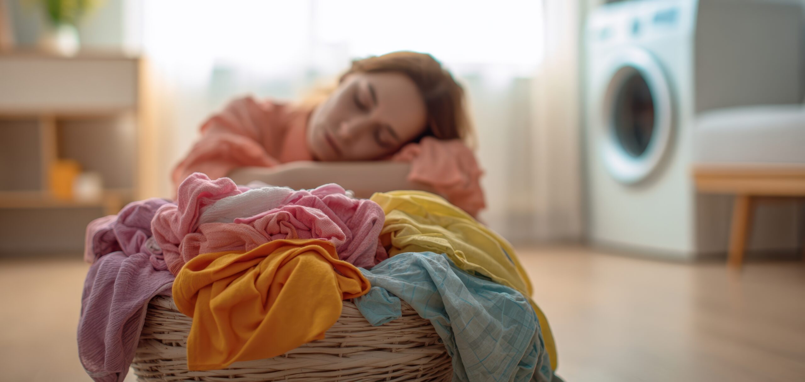 The exhausted woman resting beside a laundry basket filled with colorful clothes.