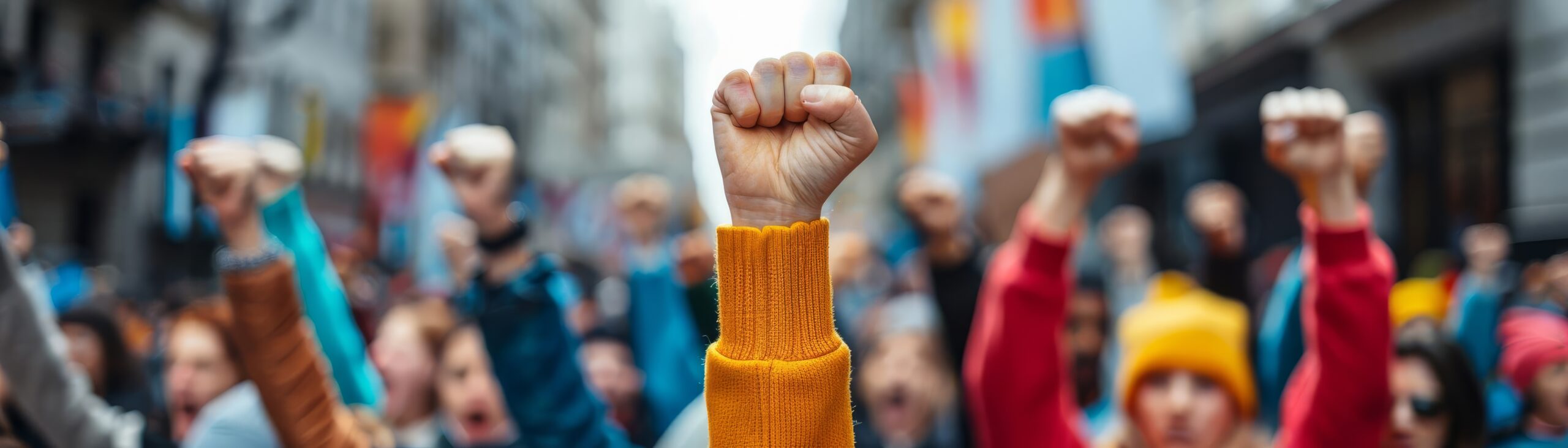 Vibrant street protest with people united, fists raised in determination, symbolizing solidarity and collective action in a modern urban setting
