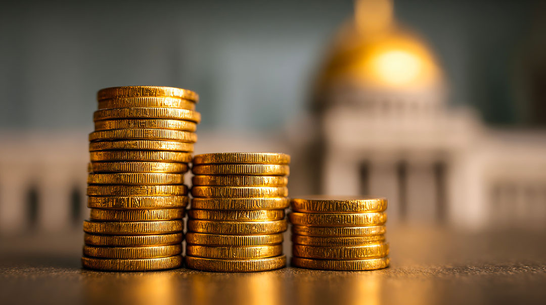 Piles de pièces empilées sur une surface, avec un bâtiment institutionnel flou en arrière-plan.